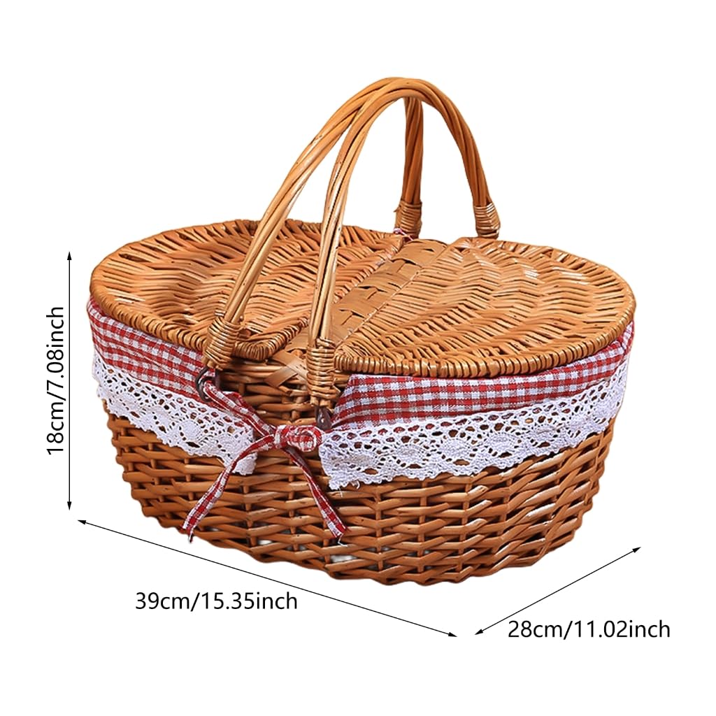 Cestino da picnic in vimini con coperchio pieghevole e manico, cestino da picnic di grande capacità per vacanze al mare, robusto corpo in tessuto con fodera lavabile per Pasqua, festa della