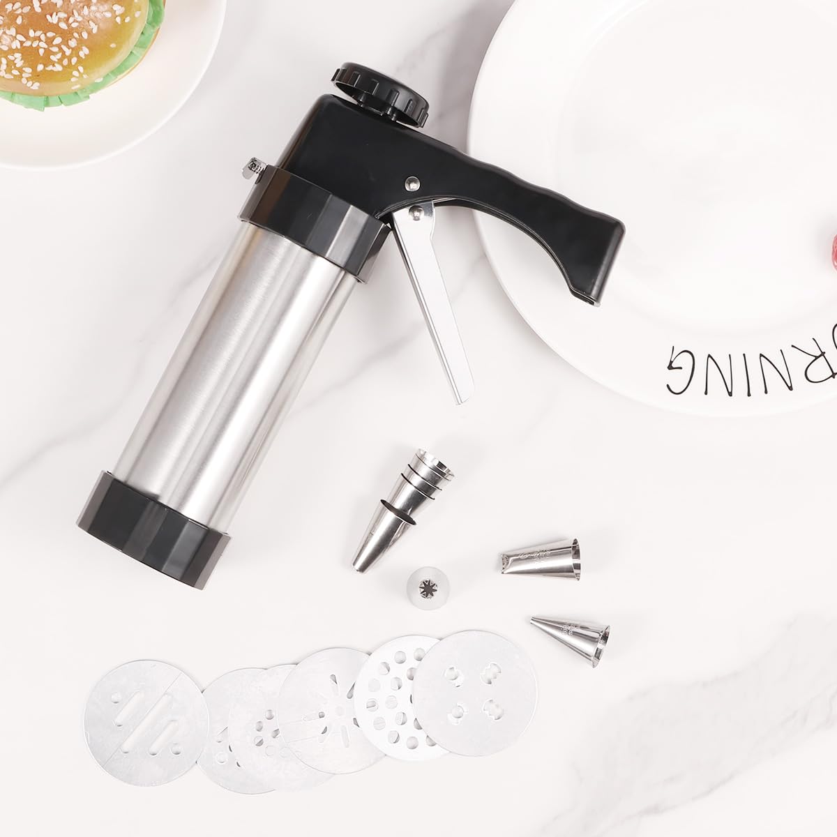 Kit de prensa de galletas de grado alimenticio, kit de decoración de prensa de galletas de acero inoxidable, máquina de hacer galletas desmontable, juego de jeringas para decoración de