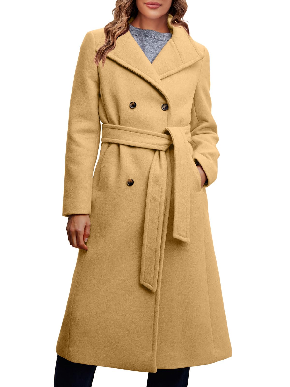 Fisoew Cappotto doppiopetto da donna, lungo, invernale, lavoro, ufficio, soprabito con tasche e cintura
