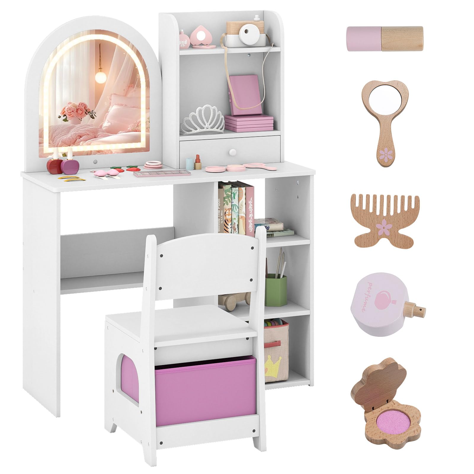 COSTWAY Toeletta Trucco per Bambina con Sgabello, Tavolo Trucco in Legno con Specchio Luci LED, Ripiani Aperti, 3 Ganci e Cassetto, Set Mobile da Principessa con 5 Giocattoli per 3+ Anni (Bianco)