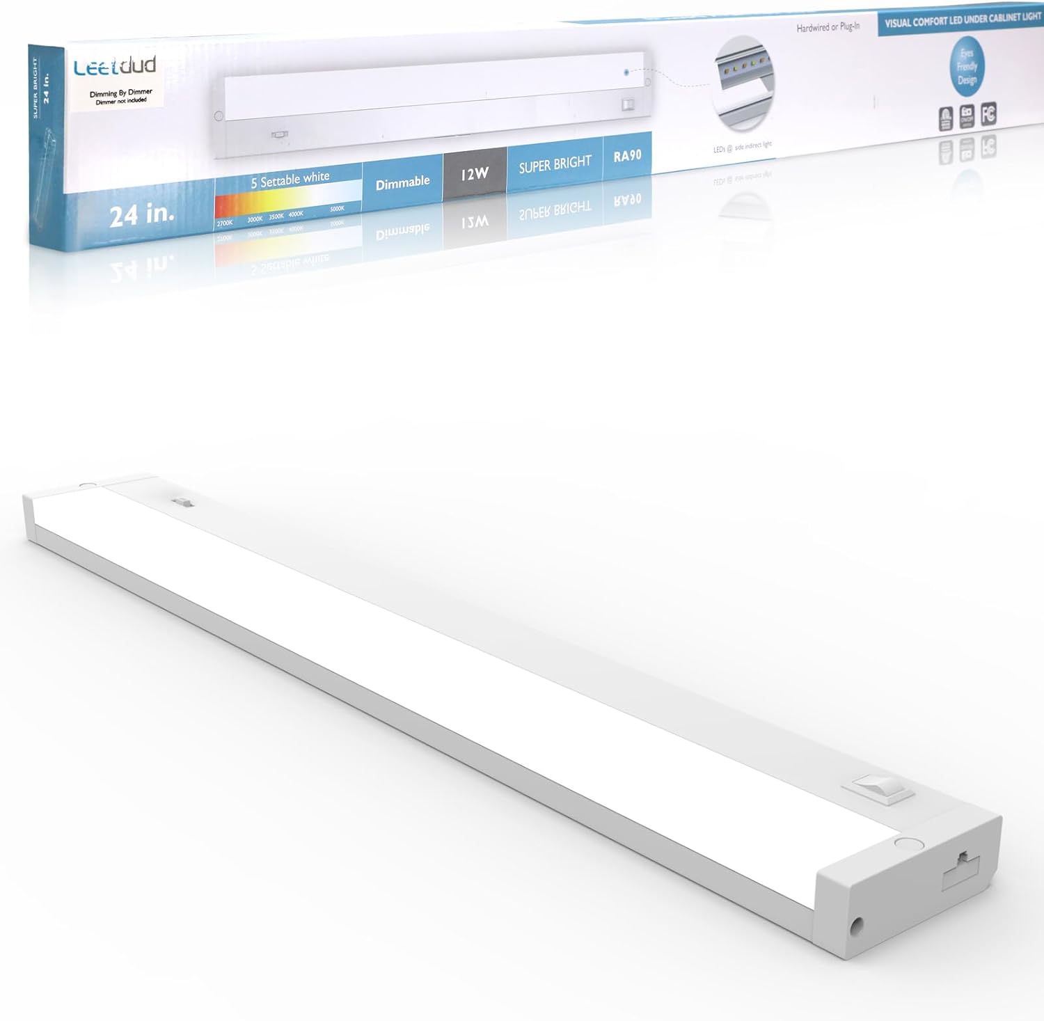 LED Under Cabinet Lighting, 24 Inch 12W, Linkable, Dimmable, 5 Color Temperature 2700K/3000K/3500K/4000K/5000K Selectable, ETL Listed, Eyes Care Design, Hardwired or Plugged-in, White Finish