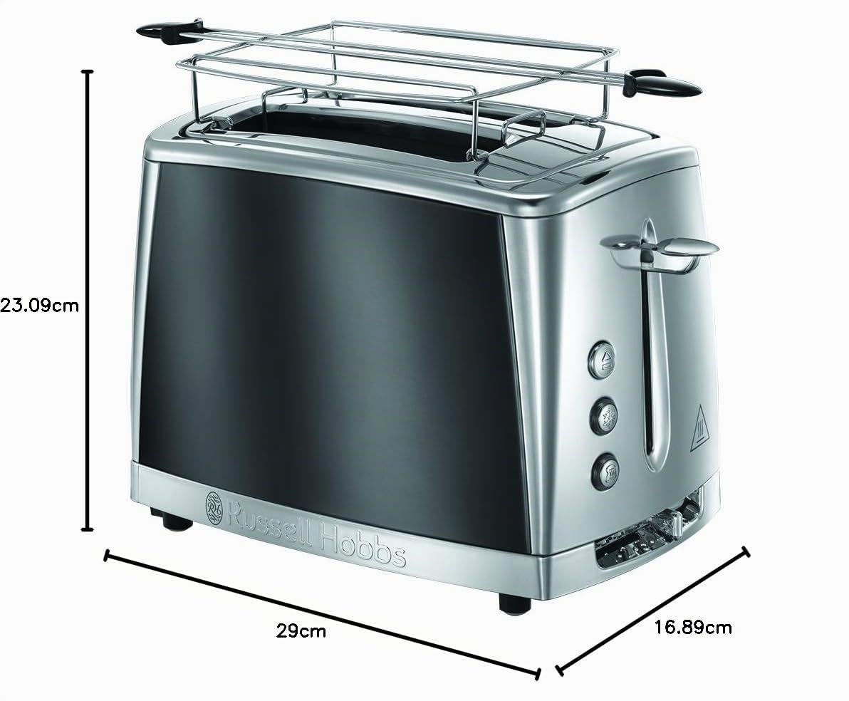 Russell Hobbs Grille Pain [Pour 2 Tranches] Luna Gris Inox (2 Fentes extra larges, 6 Niveaux de Brunissage rapide, Surélévation & contrôle, Décongèle, Réchauffe viennoiserie, 1550W) Toaster 23220-56