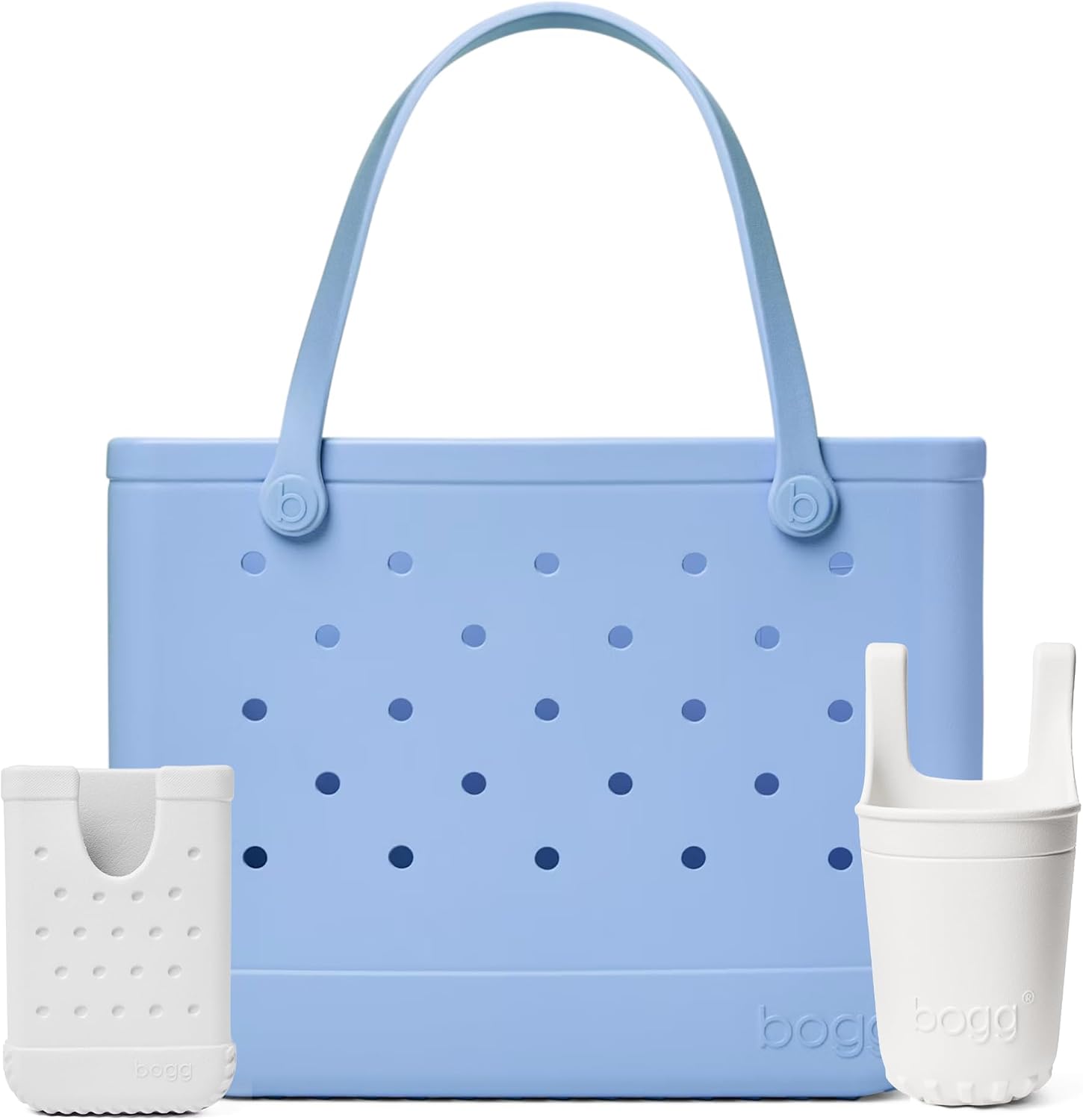 BOGG BAG Original, Large Tote (Carolina on My Mind) + Bevy Beverage Holder & Call Me Phone Holder (For Shore White) – Durable, Washable, Tip-proof – Beach, Pool, Boat, Work, Sports