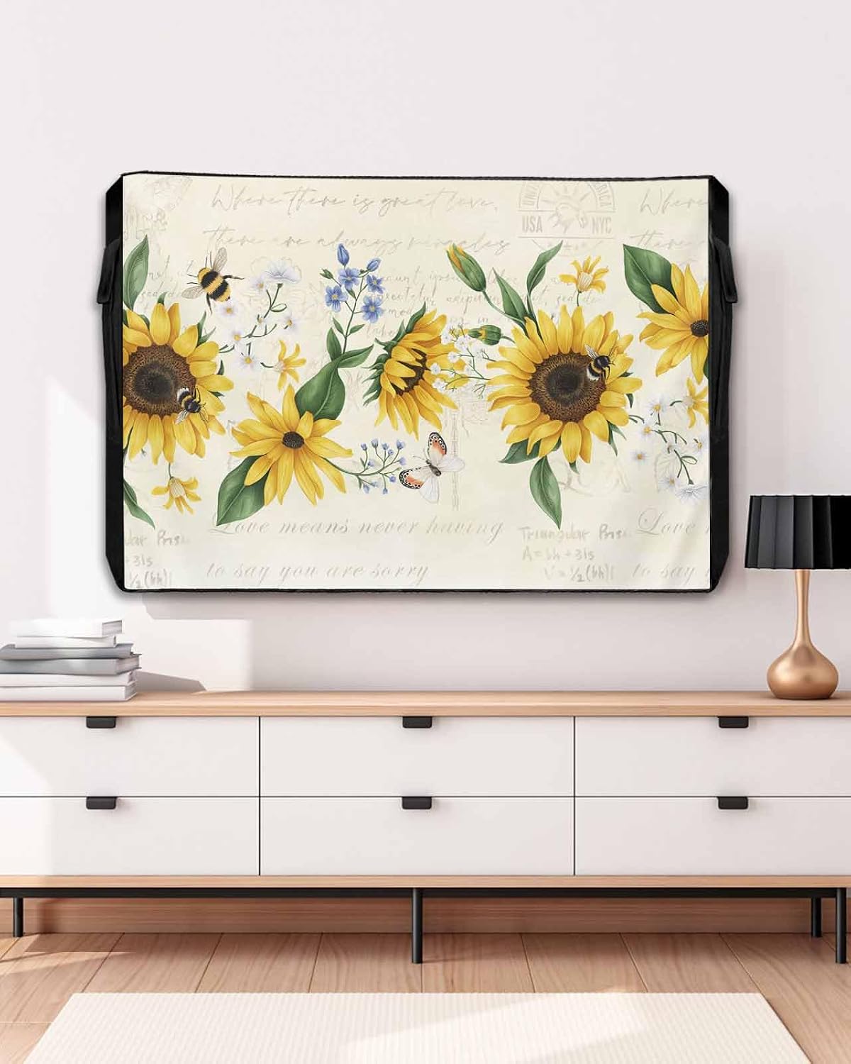Waterproof Outdoor TV Cover 70 to 75 Inch, Country Sunflower Floral Watercolor Outside Flat Screen Televisions Weatherproof Cover Size 68"L x 42"H, Vintage Letter TV Protector With Zipper