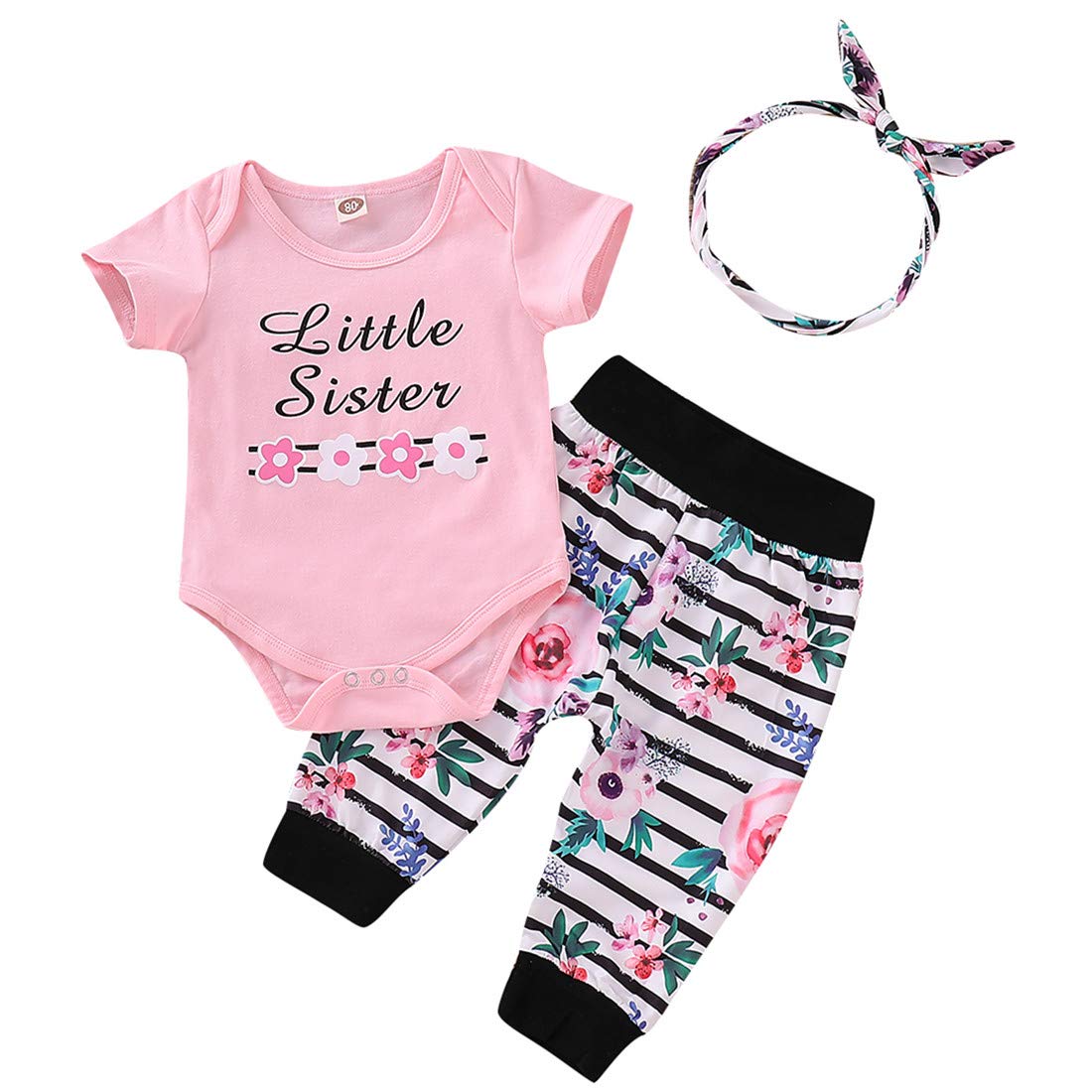 BOIZONTYToddler Girl Big Sister Outftis Baby Little Sister Bodysuit White Top Shirt+Floral Striped Pants+Headbands Clothes Set