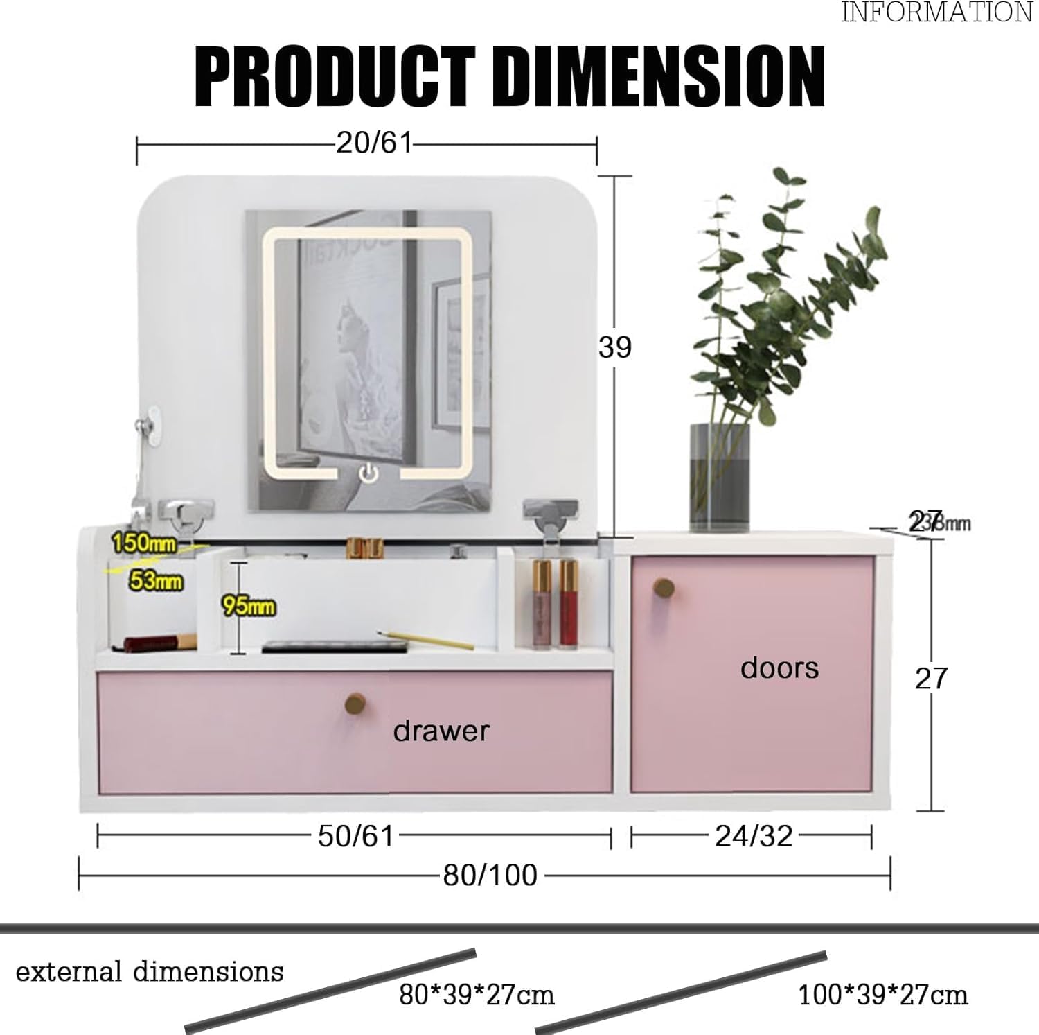 Modern Floating Vanity Desk with Foldable Makeup Table & Storage Cabinet, White Dressing Table for Bedroom & Bathroom