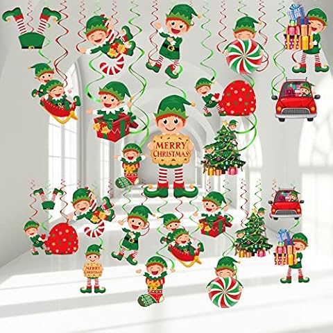 Zomiboo 53 Pcs Christmas Hanging Swirls Decorations Christmas Candy Gingerbread Man Elves Truck Red Cardinals Christmas Ceiling Decor Ornaments for Christmas Tree Xmas Holiday Party Supplies (Elf) Cover