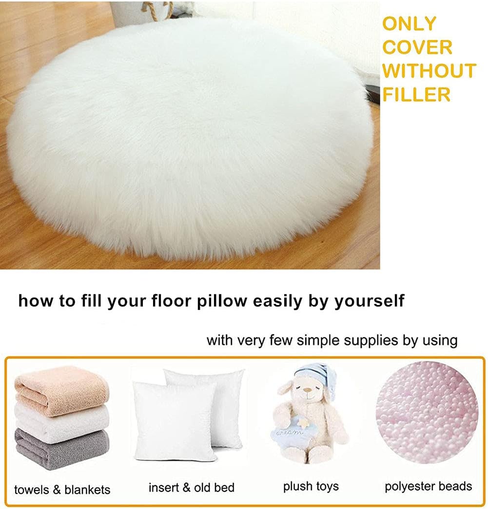 Asuprui Unstuffed Floor Pillow Meditation Cushion No Filler Large Floor Cushion for Sitting Fluffy Floor Seat Fuzzy Oversized Seat Pillow for Adult 24X24X6 Inches White Round Cover ONLY