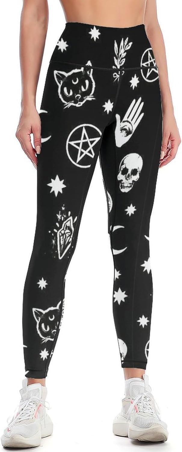 Skull Cat Moon Gothic Women's High Waist Yoga Pants Tummy Control Leggings Workout Running
