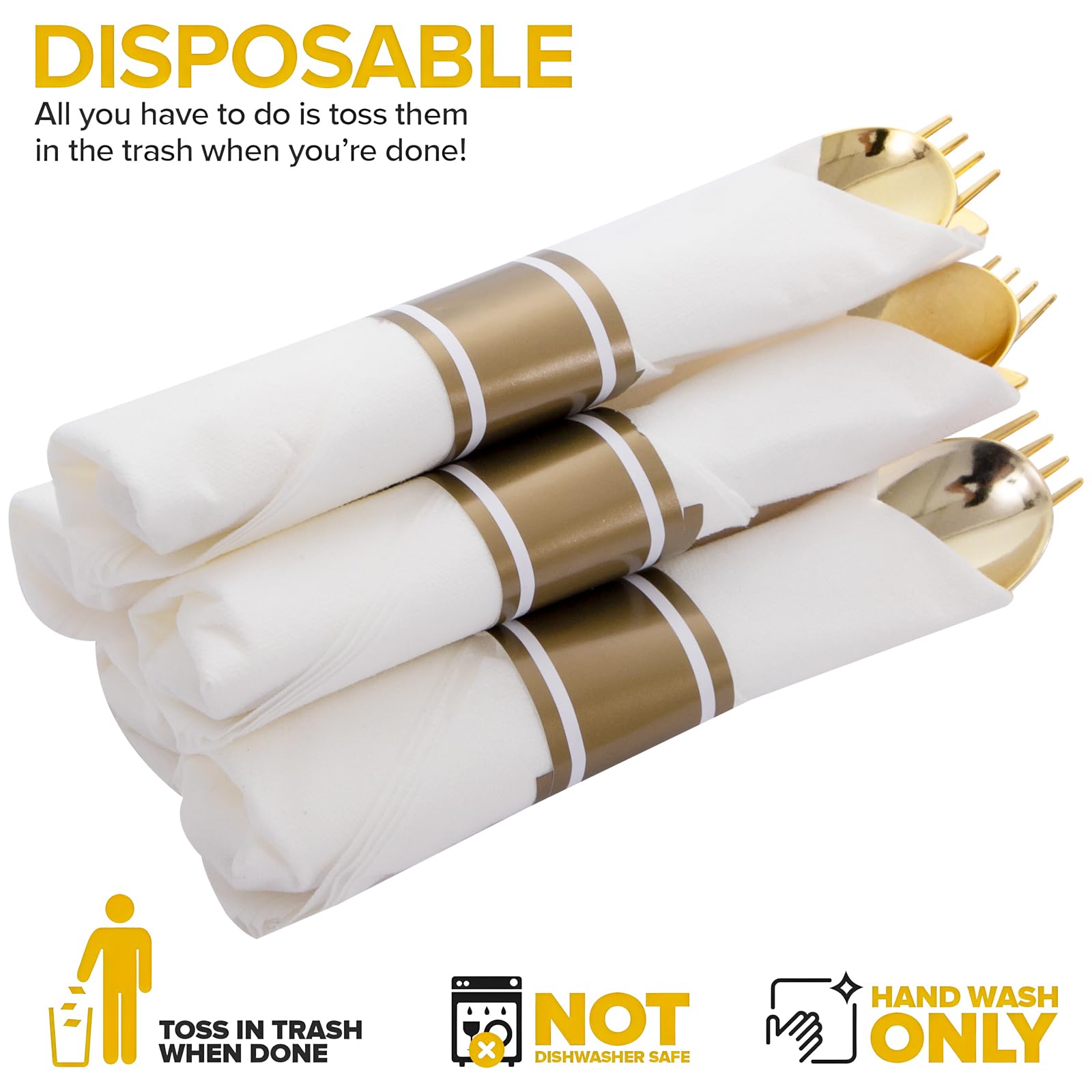 400PCS Pre Rolled Gold Plastic Silverware Sets - Heavy Duty Gold Cutlery - Include 100 Pack Wrapped Disposable Utensils with Napkins for Parties, Dinners & Weddings