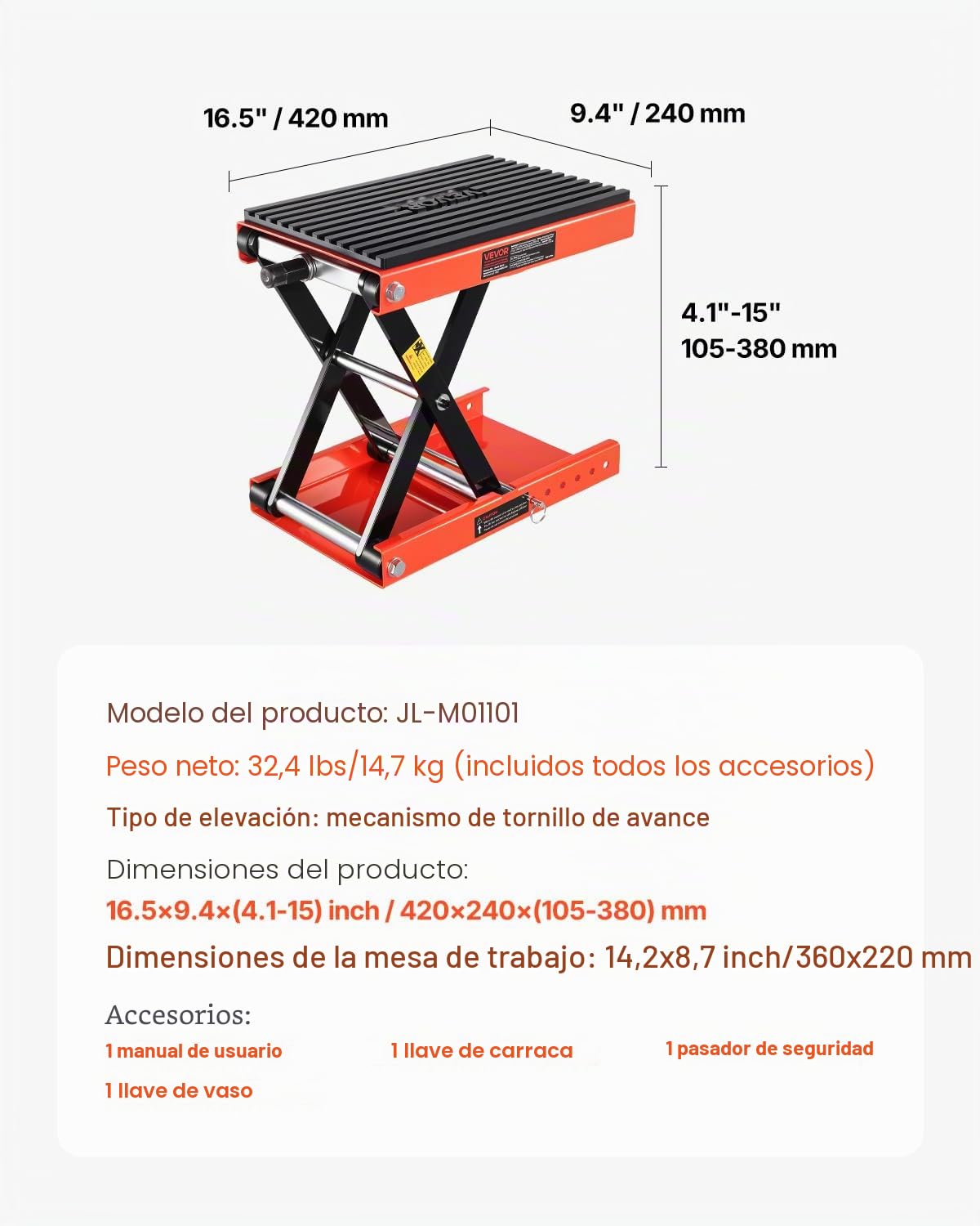 VEVOR Gato de Tijera para Motocicleta, Carga 544 kg, Rango de Altura 105 a 380 mm, Acero Resistente, con Trinquete y Manivela para Vehículos Todo Terreno y Motos Cross, 420 x 240 x (105-380) mm