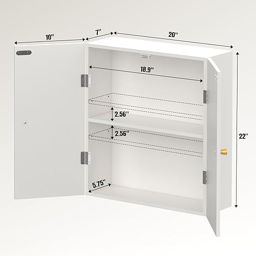 Miniatura 2 de VOXANOXI Armario de baño con borde dorado, botiquín de madera con puertas y estantes ajustables, para colgar sobre el inodoro para baño, lavandería,