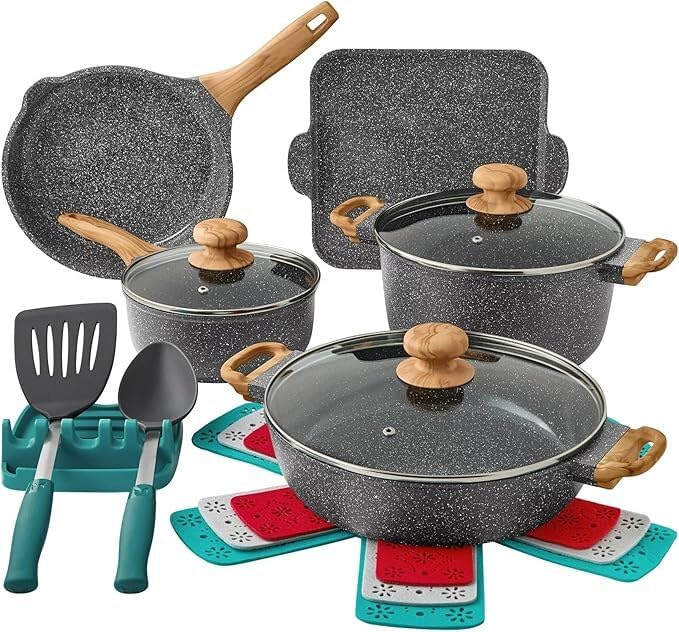 The Pioneers Womans 14-Piece Nonstick Cast Aluminum Cookware Set – Durable, Stylish, and Versatile Collection with Easy-Clean Design, Protective Storage Features (Charcoal Speckle)