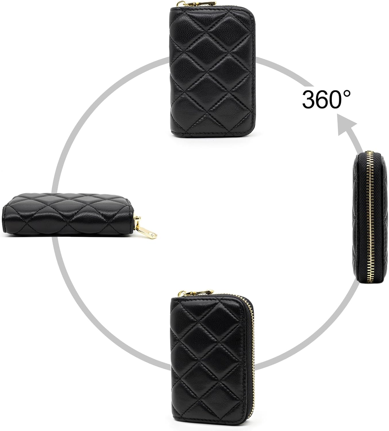 DORIS&JACKY Quilted Leather Credit Card Holder for Women Small Lambskin Zipper Card Case Wallet With 9 Card Slots (1-Black) - Image 3