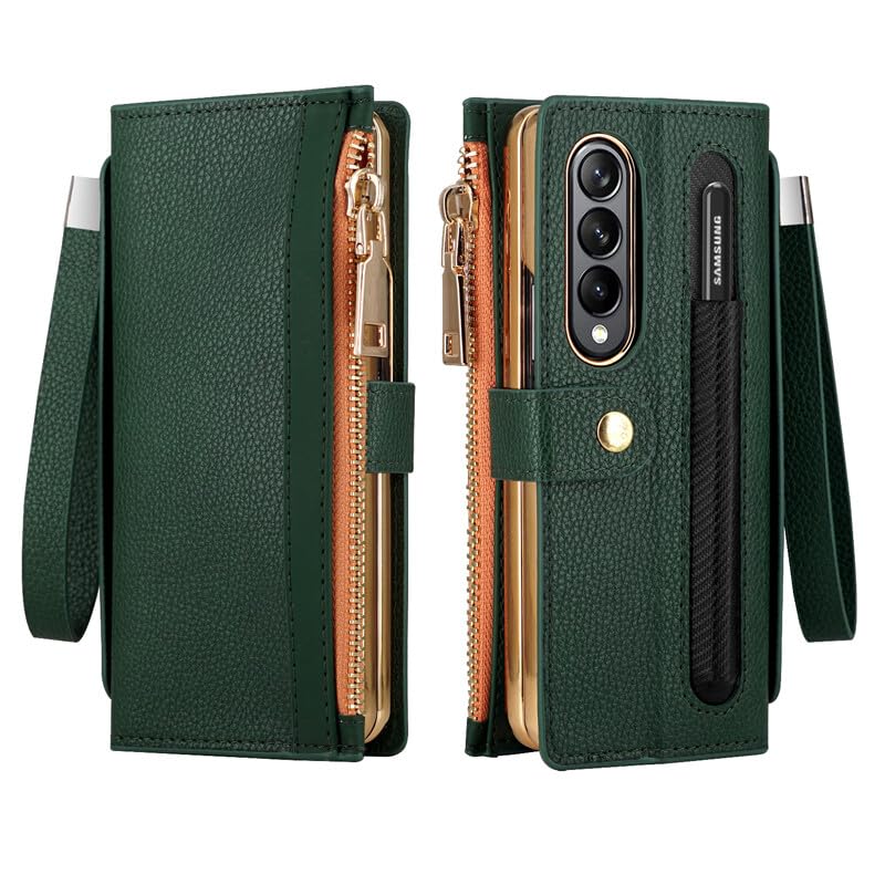 Étui pour Samsung Galaxy Z Fold 4 en cuir premium vert avec rabat portefeuille
