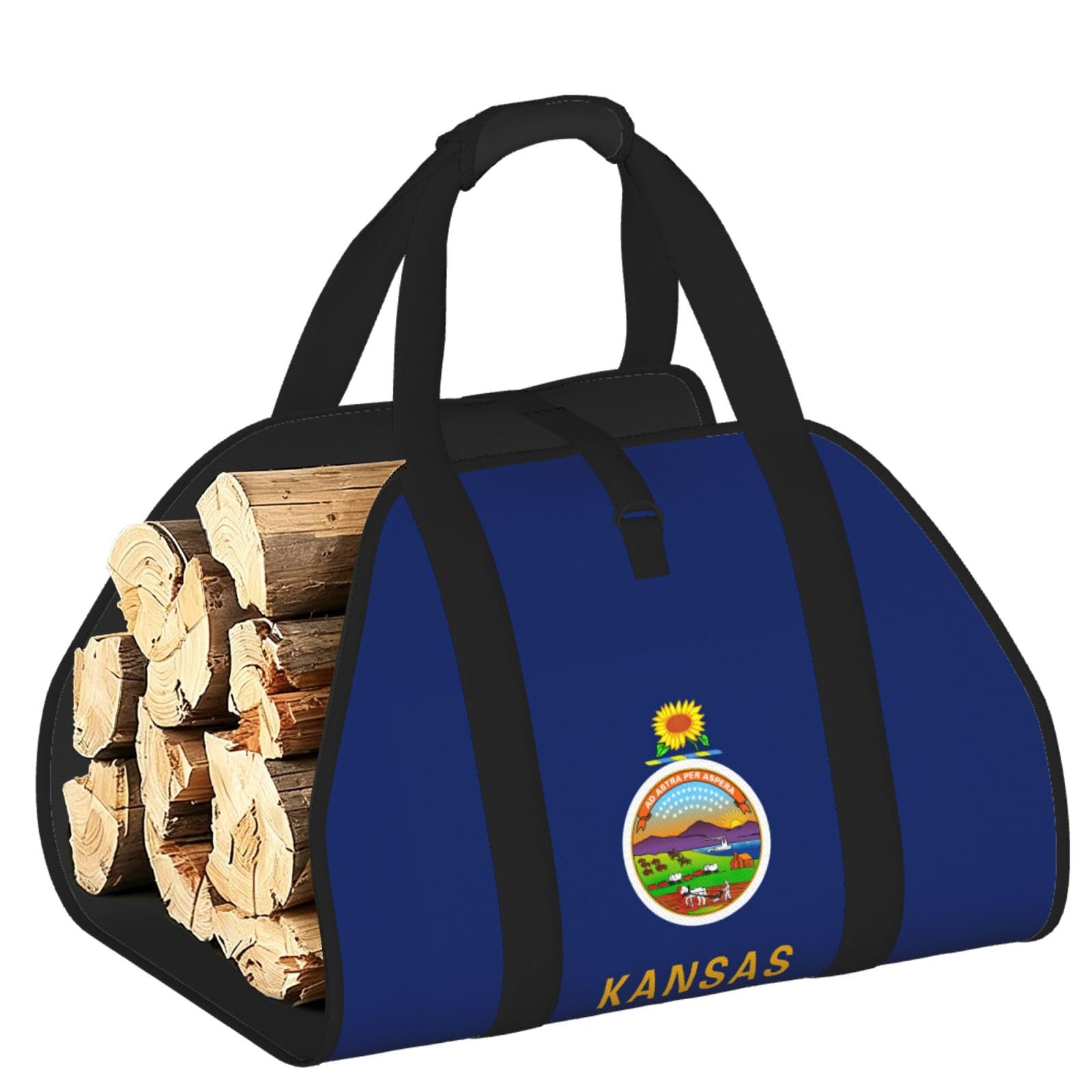 Ayyqwe Black Kansas State Flag Print Firewood Bag Wood Waterproof Versatile Camping Picnic Storage Daily Home