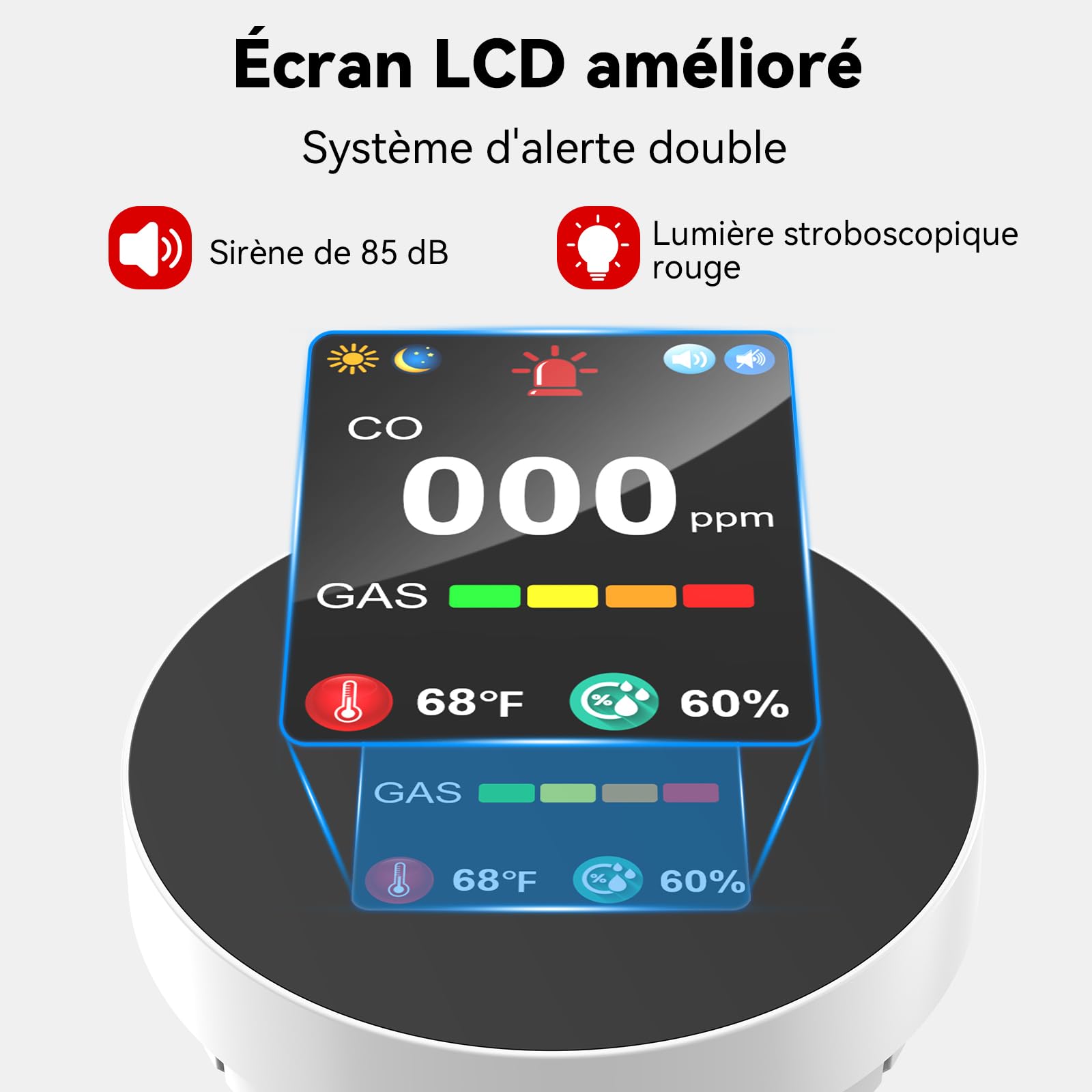 Détecteur de Monoxyde de Carbone et de Gaz avec Prise, Détecteur de CO 4 en 1 avec Capteur de Température et d'humidité, 1 Pièce