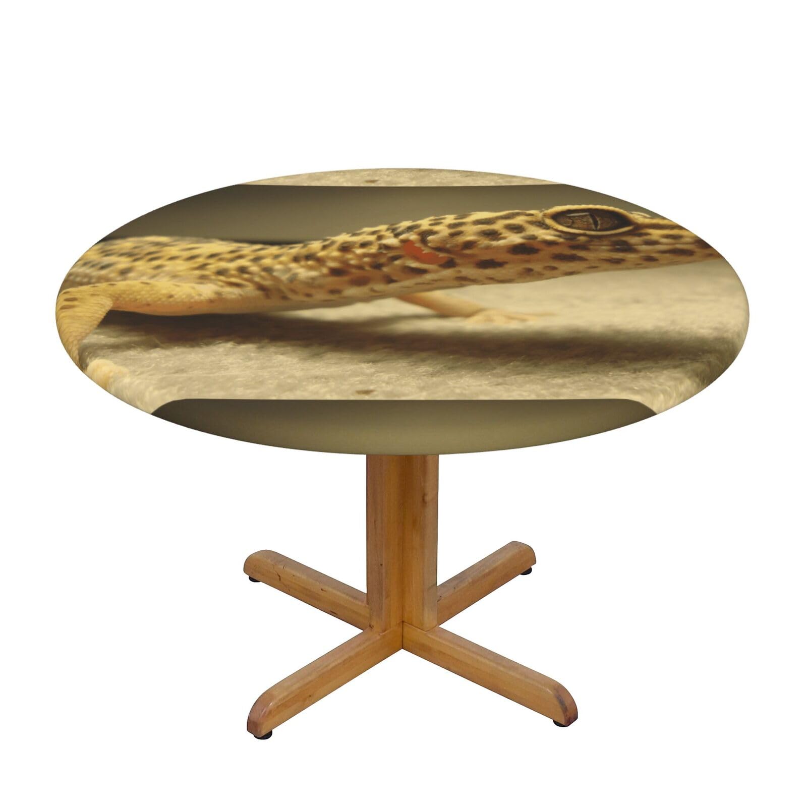 Ffshkowe Sand Leopard Gecko Elastic Round Tablecloth Oil Proof Table Cover For Dining Party Picnic