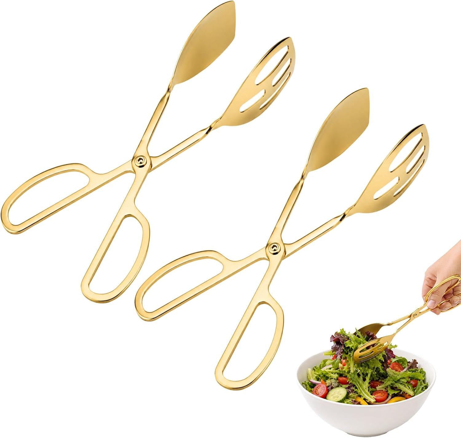 Salad Tongs for Serving 2 Pack, Stainless Steel Scissor-Style Buffet Food Serving Tongs, Heat-Resistant Dishwasher Catering Utensil for Salad, Bread, Cake, Steak, Barbecue (Gold)