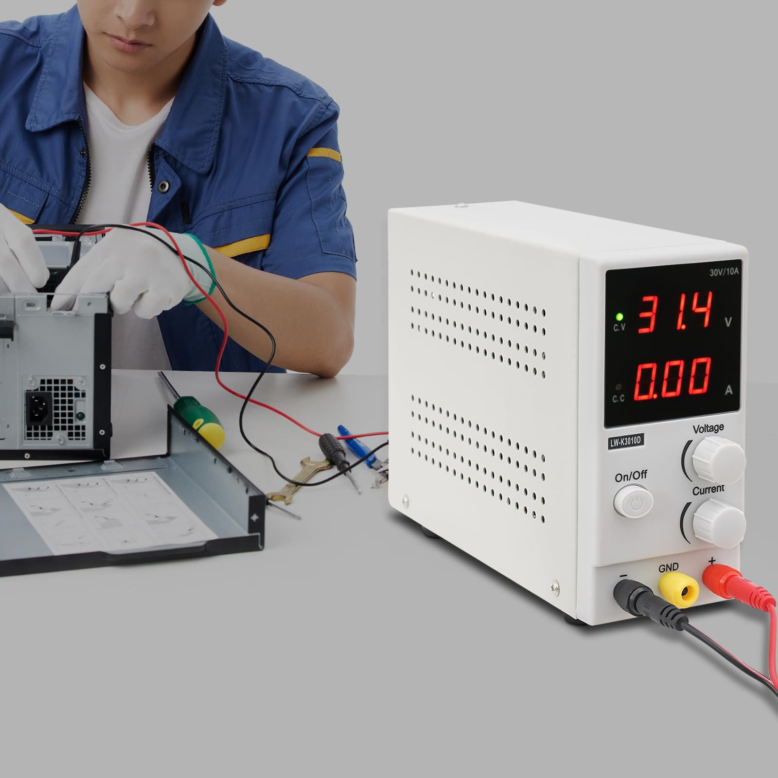 Zasilacz laboratoryjny 30 V, 10 A, regulowany zasilacz DC z wyświetlaczem LED, zasilacz laboratoryjny stabilizowany, zasilanie sieciowe z inteligentnym wentylatorem do warsztatu, testów, napraw
