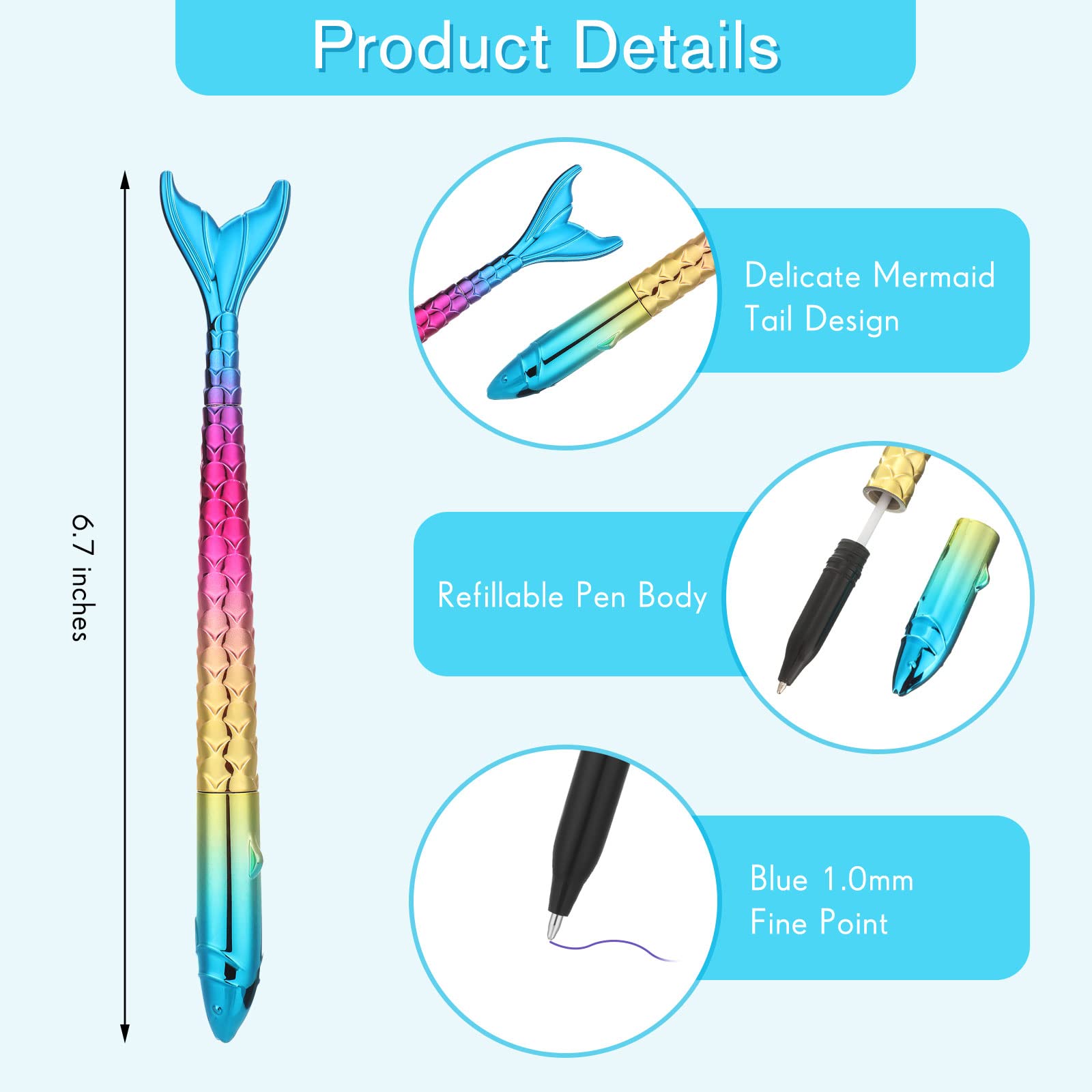 50 penne a forma di sirena, ricaricabili, con inchiostro gel nero, penne a forma di sirena, penne colorate a forma di pesce, per scuola, casa, ufficio, cancelleria, per bambini, ragazze, donne, regalo