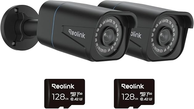Reolink 2-Pack RLC-810A-B 4K PoE Security Cameras Black + 2 128GB microSD Cards   Ultra HD, Human/Vehicle Detection, Time-Lapse, IP67, No Switch Needed