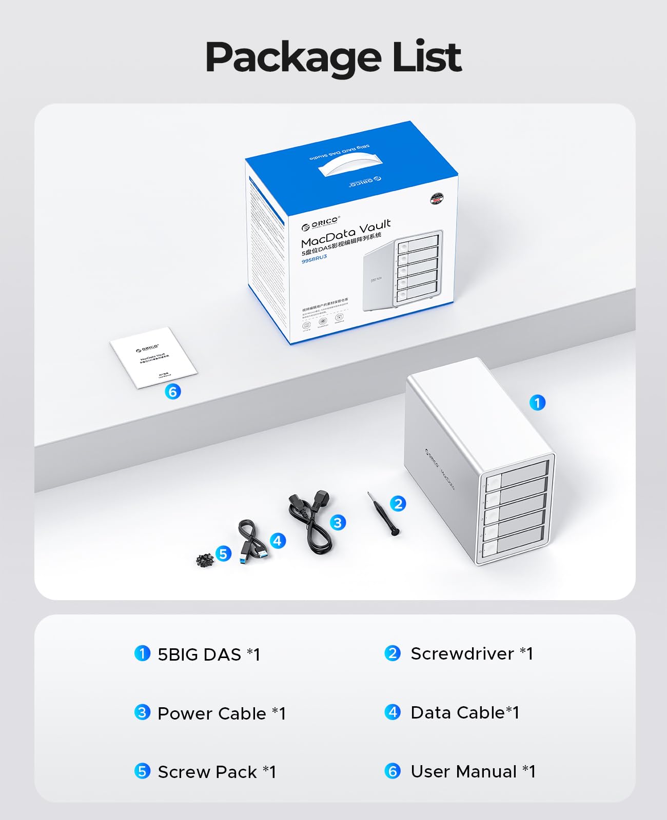 ORICO 5BIG RAID Enclosure per disco rigido SATA HDD/SSD da 2,5/3,5 Pollici fino a 5 x 22TB, Alluminio USB 3.0 Docking Station per Hard Disk, Supporta RAID 0/1/5/10/PM (9958RU3)
