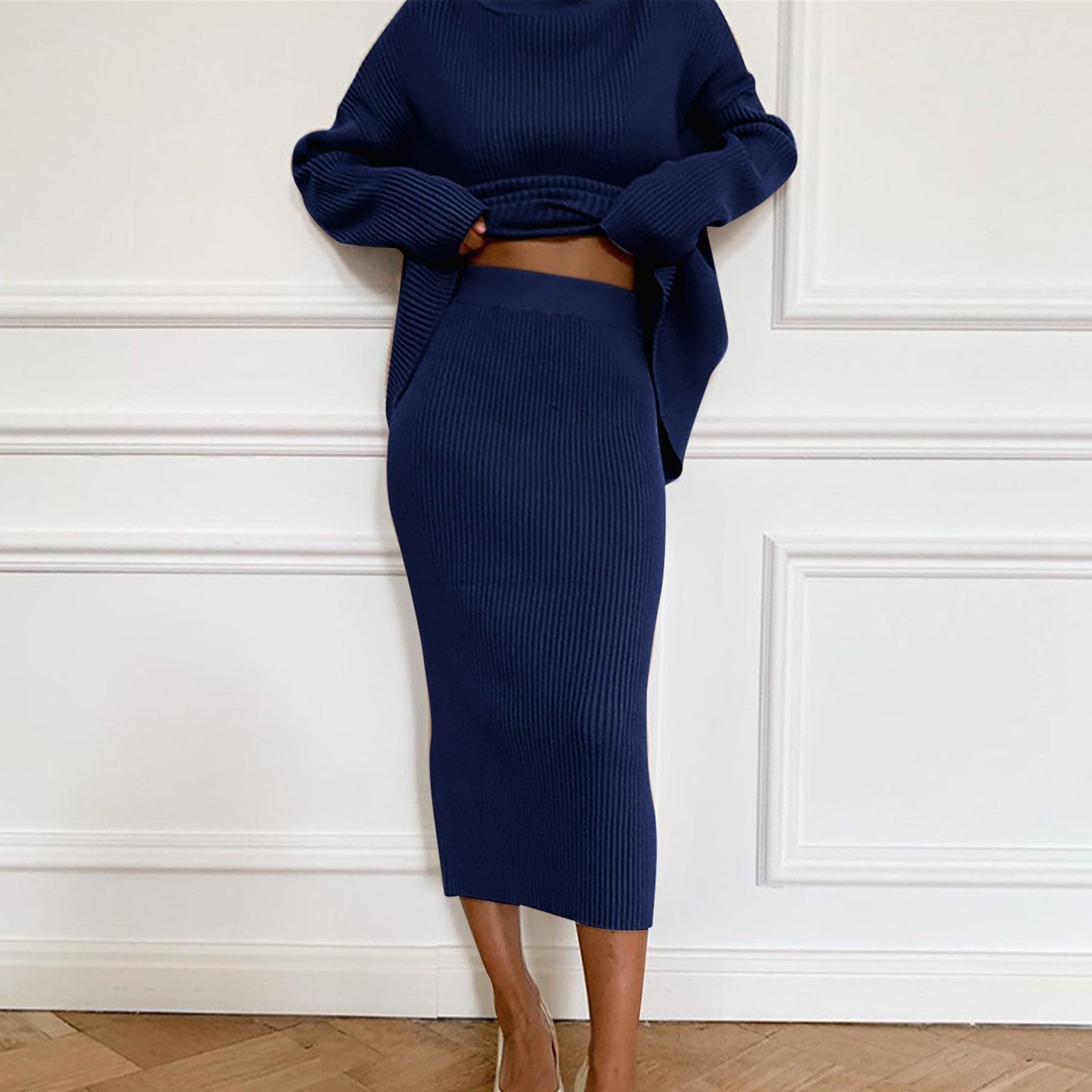 Strickkleid für Damen, 2-teilig, einfarbig, langärmlig, Pullover, Oberteil und Rock, Strickpullover, Rollkragen, Strickkleid, Herbst- und Winter-Outfit, 2-teiliges Midi-Kleid