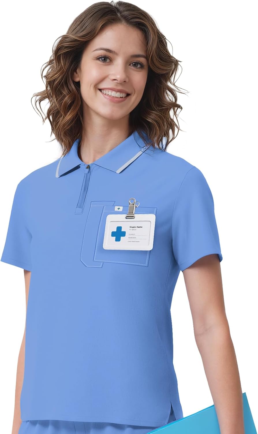 Medical Scrubs for Women Top, Zipper Front Polo Scrub Top, Shirt for Women, One Chest Pocket, 4 Way Stretch - Image 2
