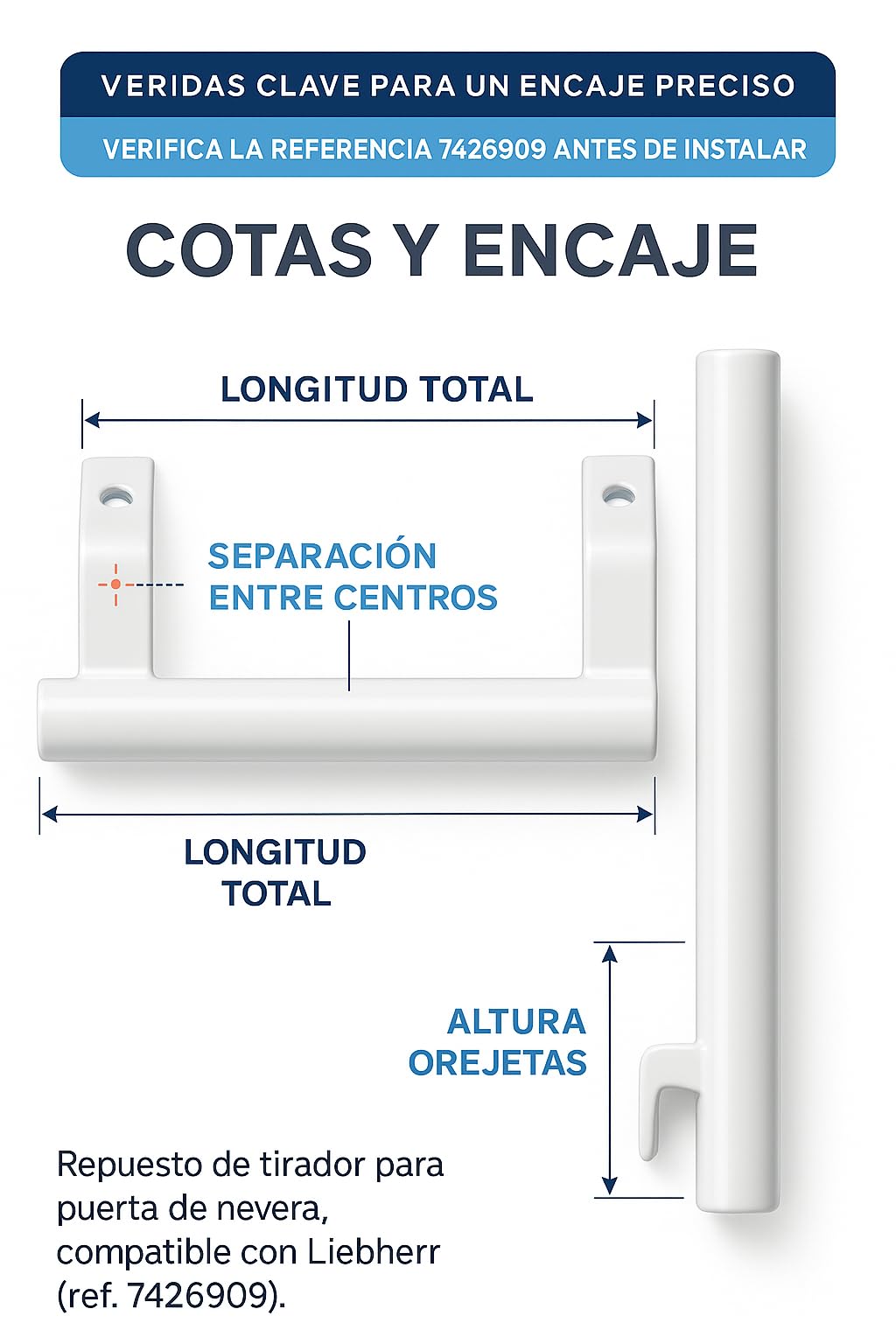 RECAMBIOS DREYMA Tirador Puerta Frigorifico Compatible con Liebherr AEG Beko CN3033 21310326-7426909 Asa Blanca Acero Pintado Montaje Ambidiestro Repuesto Nevera Congelador para instalacion rapida