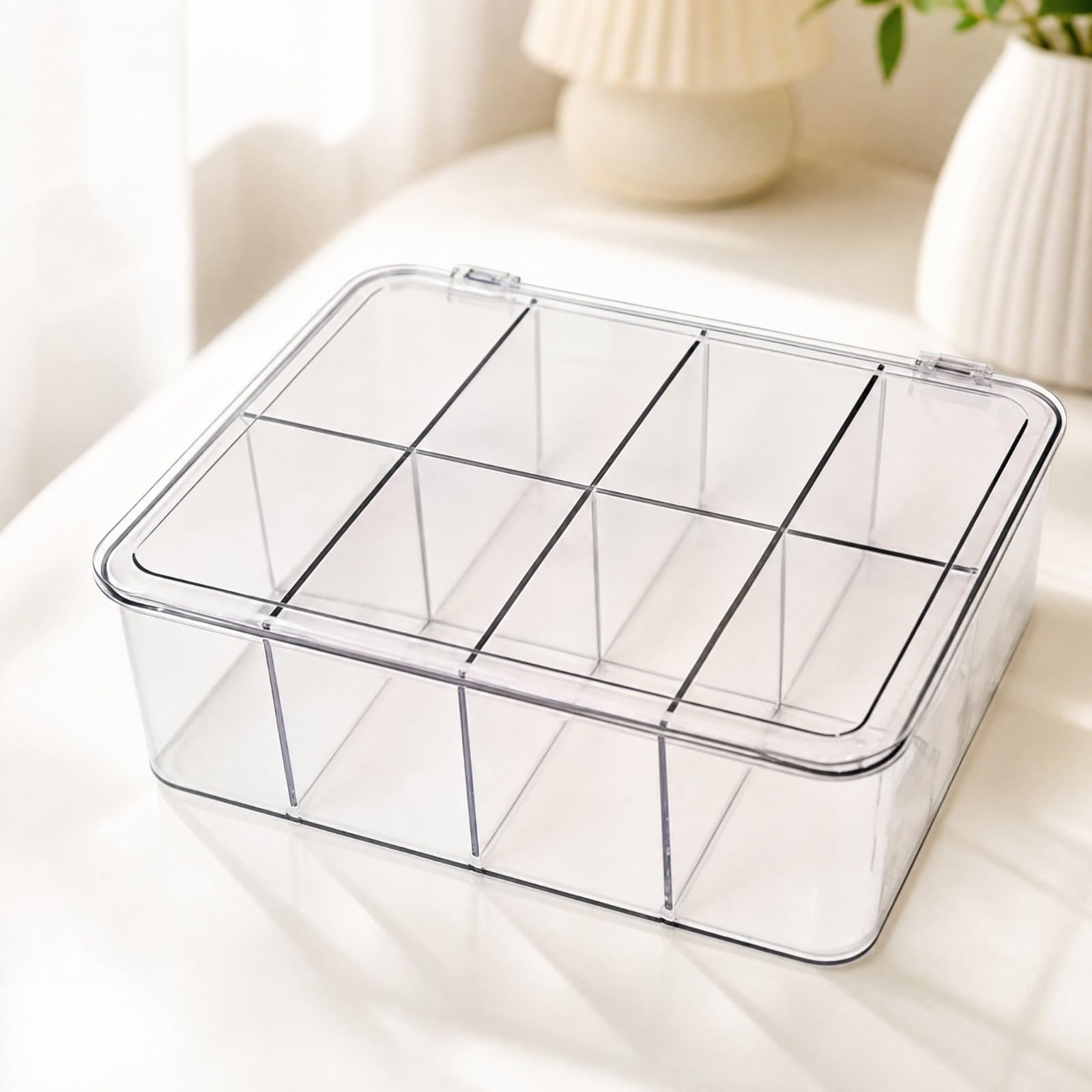 Milageto Caja PET con Tapa Ajustada Ligero Organizador con Divisores Extraíbles Compacto Caja Compartimentos Múltiples para Estanrías