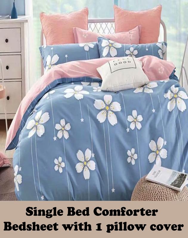 Image of Polycotton Printed 120 TC Comforter & Bedsheet Single Bed Bedding Set, Queen Size (60x90 inch), Blue & White, 3 Pieces