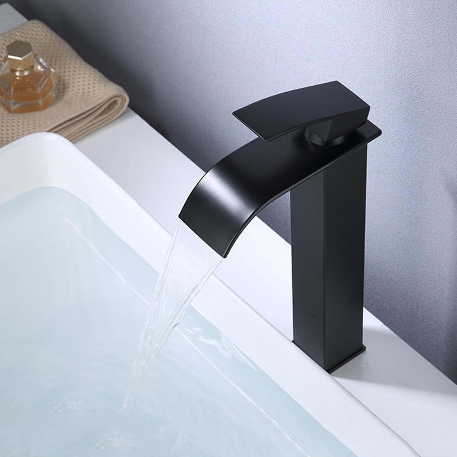 Bathroom Basin Mixer Tap Tall Basin Mixer Tap Black Waterfall Hot & Cold Tall Waterfall Bathroom Taps Flat Spout Single Lever,Black