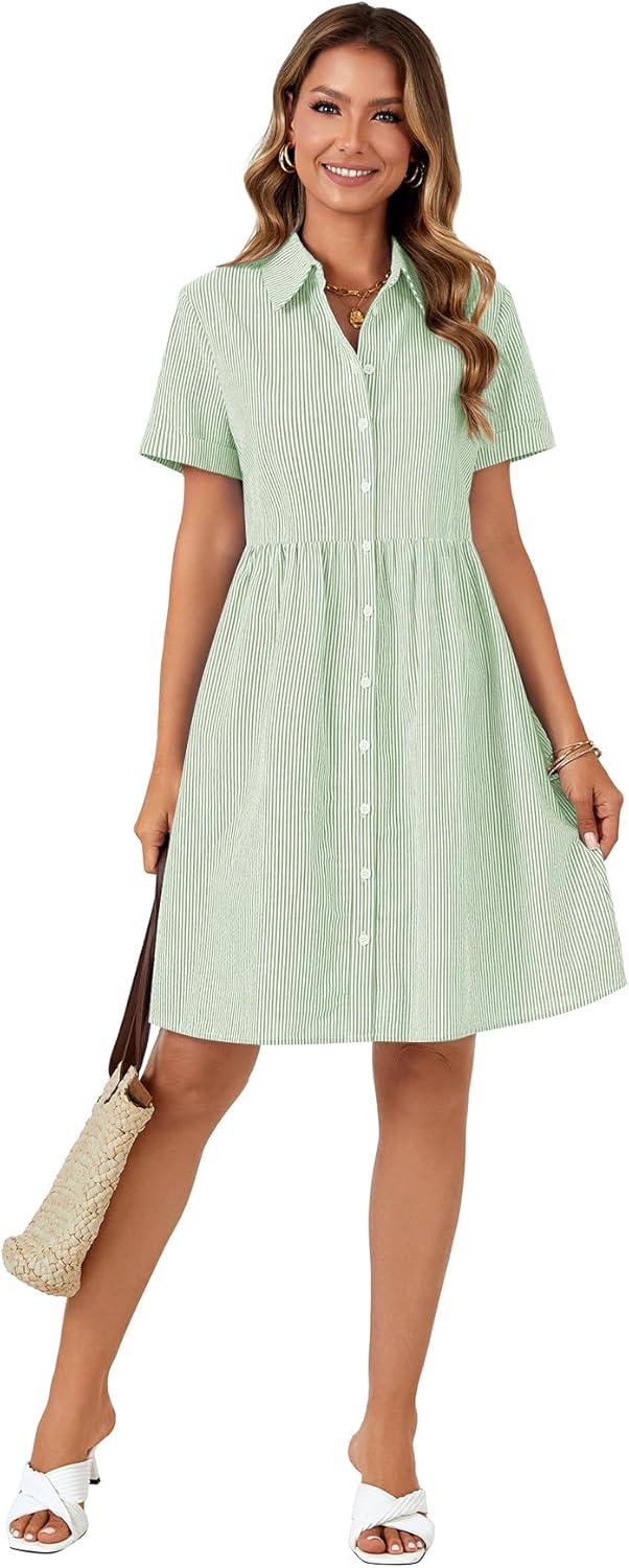 Rooscier Women's Striped Shirt Dress Button Down Collared Short Sleeve Mini Dress - Image 6