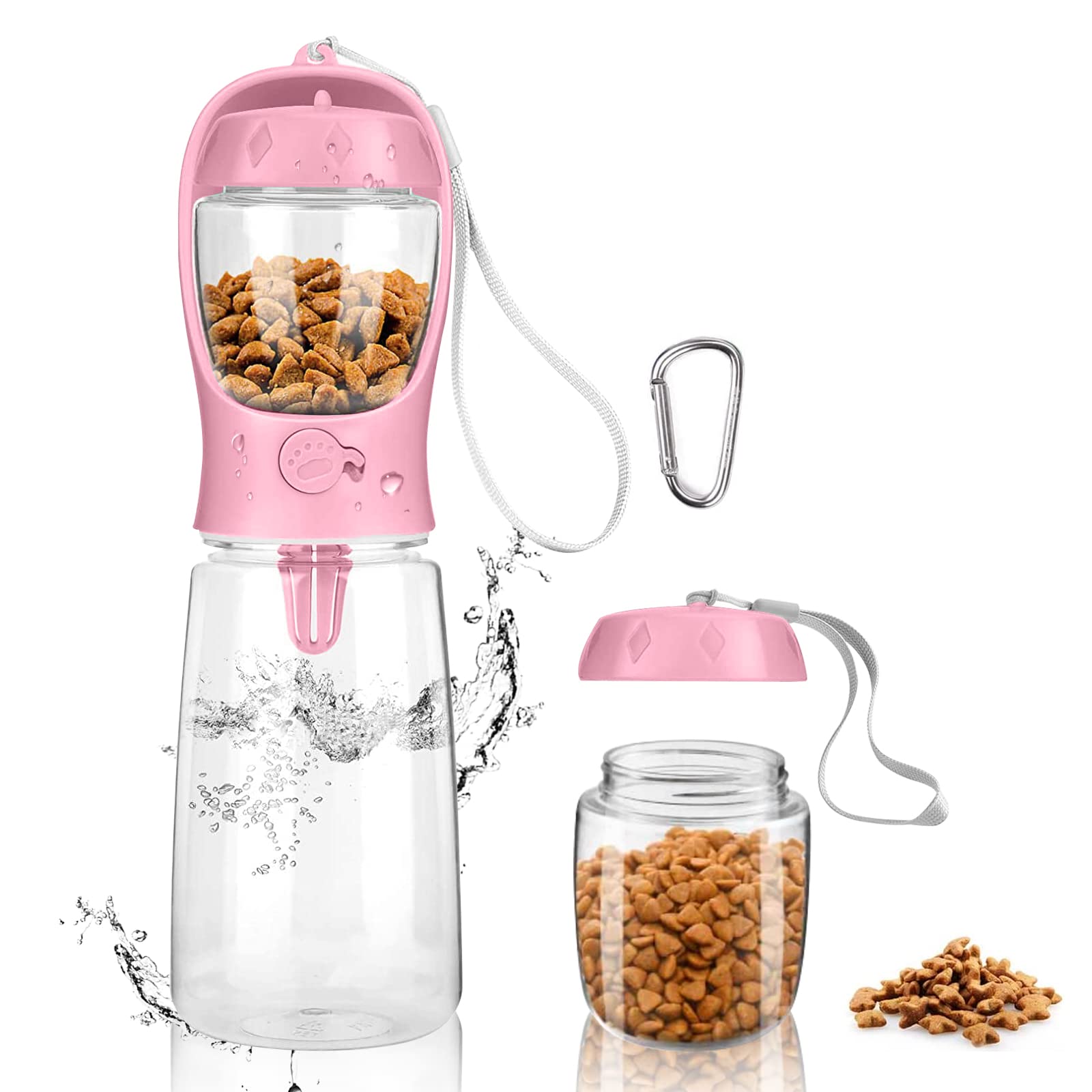 MYOWELL Portable Dog Water Bottle - 550ML Travel Bottle for Dog Cats with 100g Food Tank, Antibacterial and Leak-proof (Pink)