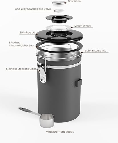 Vista 40 de HAIOOU Recipiente hermético para café, contenedor grande de almacenamiento de granos de café de acero inoxidable de 22 onzas con rastreador de Gris
