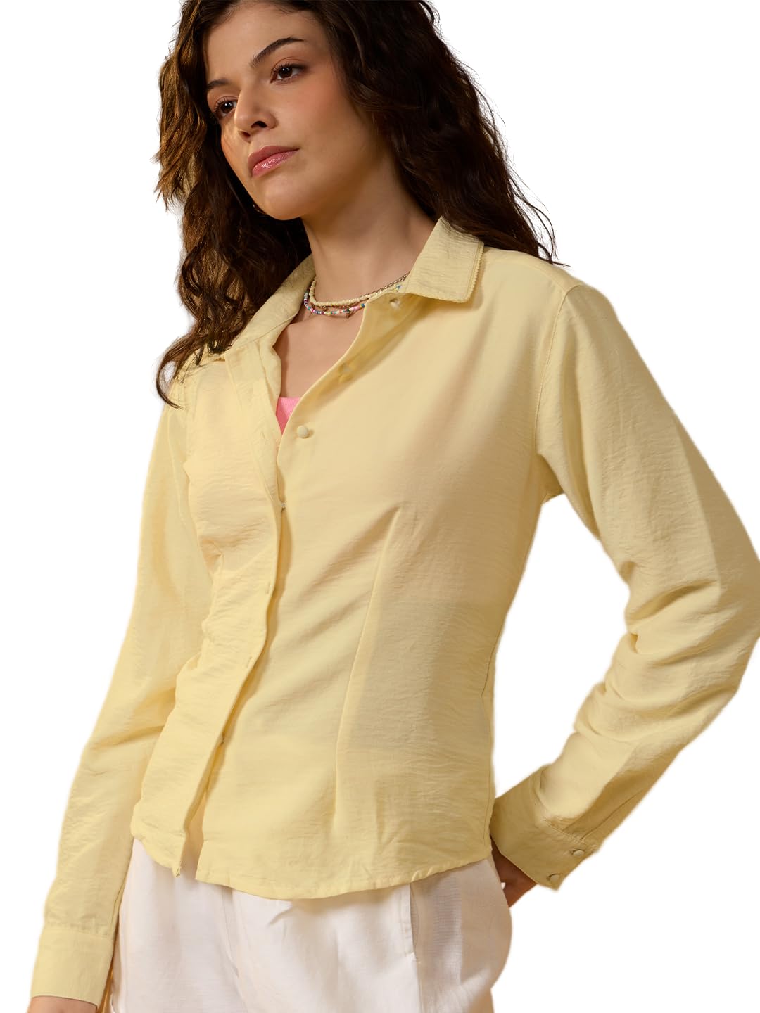 The Souled Store Tailored Solids: Lemon Drop Women and Girls Full Length Collared Yellow Solid Polyester Slim Fit Wrinkle Free Lightweight Everyday All-Season Shirt in yellow