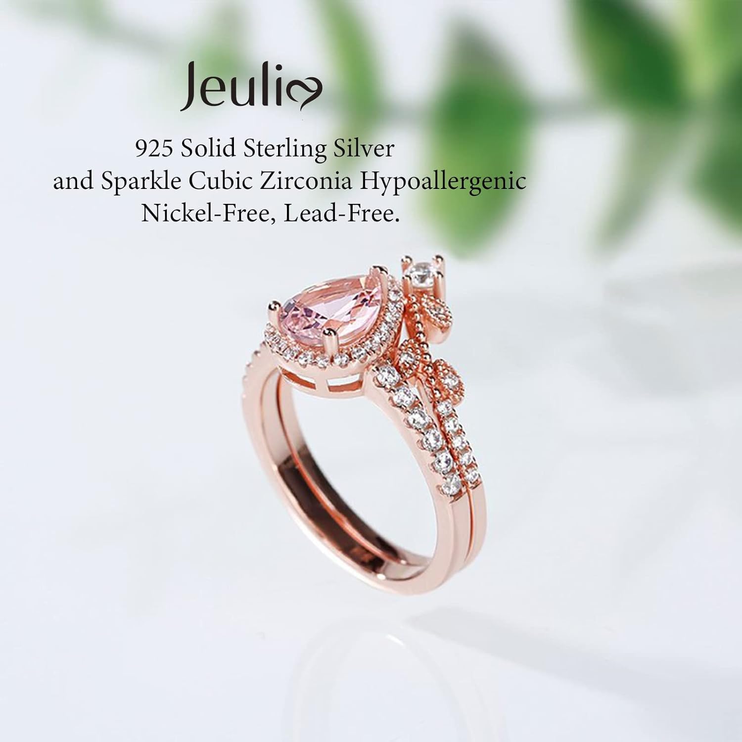 Jeulia Engagement Rings Sterling Silver Halo Pear Cut Synthetic Pear Shape Natural Pink Rose Gold Diamond Bridal Set Halo Art Deco Wedding band Anniversary Promise Jewelry Crystal With Gift Box
