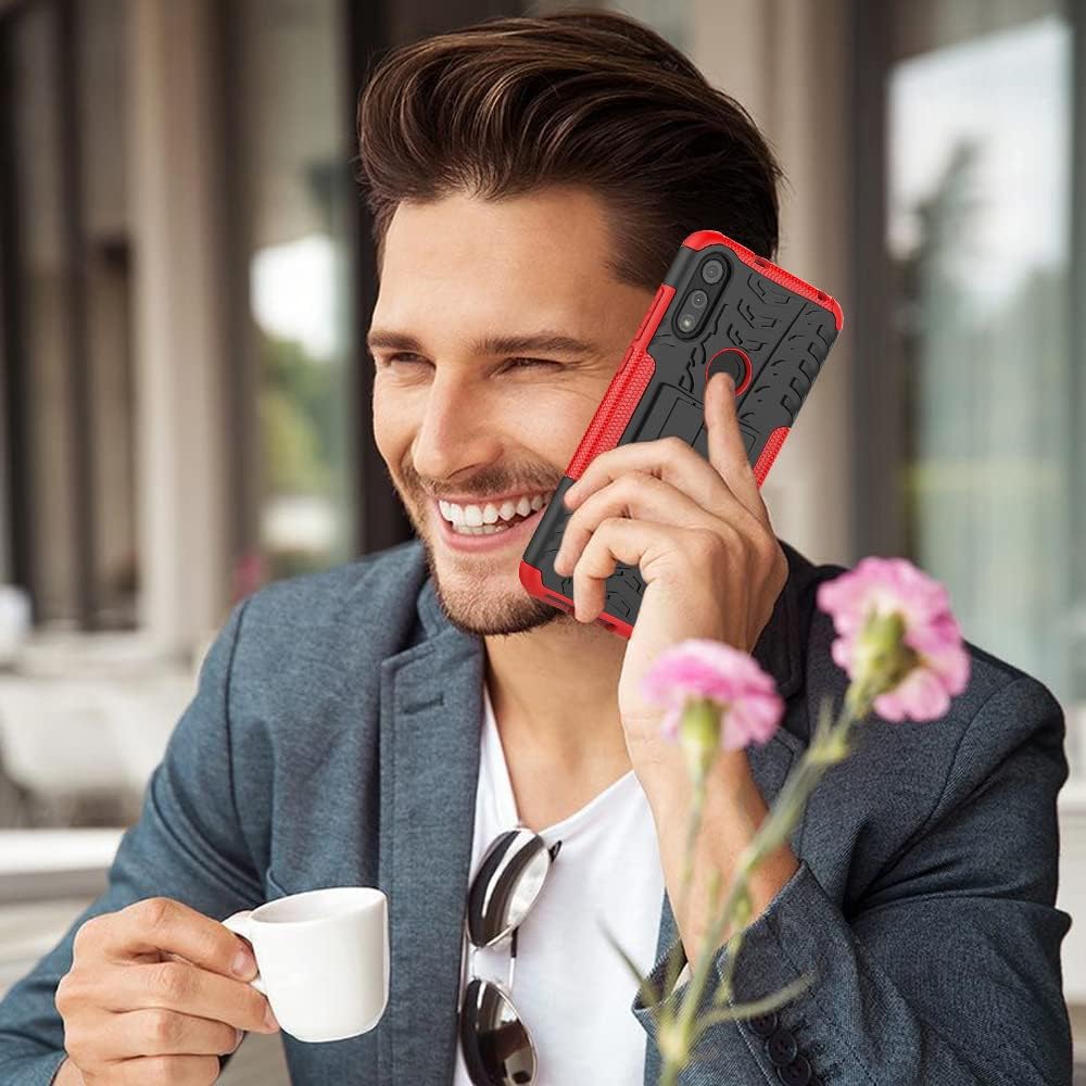 for Moto E Phone Case, Motorola e Case with HD Screen Protector, Shockproof Silicone Protective with Kickstand Hard Phone Cover for Moto E (2020) (Red)