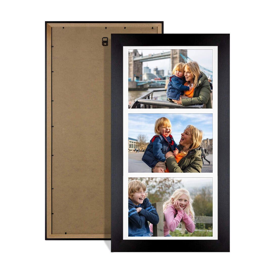 Procut Global 16X8 Matte Black Photo Frames For Multiple Pictures with White Mount-Modern Collage Frame with 3 Apertures (3x) 7X5-Engineered Wood with Shatterproof Perspex