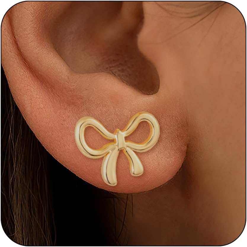 Hypoallergenic Gold Plated Bow Earrings for Women, 14K Gold Plated Stud Earring for Women Trendy, Dainty Non Tarnish Ribbon Bow Earrings for Women Jewelry Gifts
