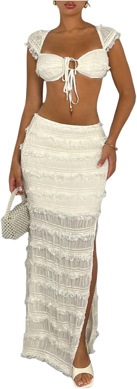 SOLY HUX Women's 2 Piece Outfit Sweetheart Neck Short Sleeve Crop Top and High Split Maxi Skirt Set