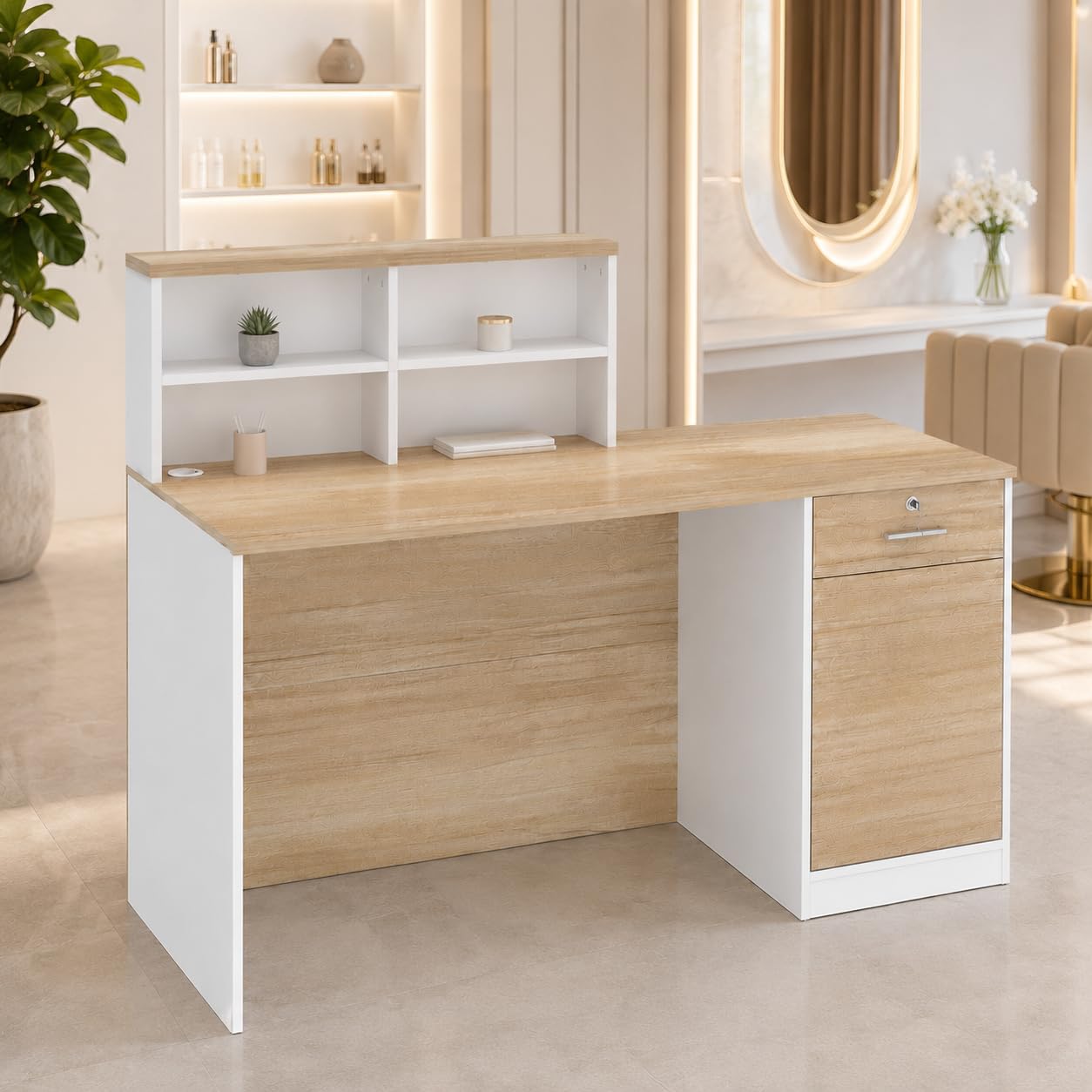 bancone reception mobile da ufficio in legno e bianco 140 x 60