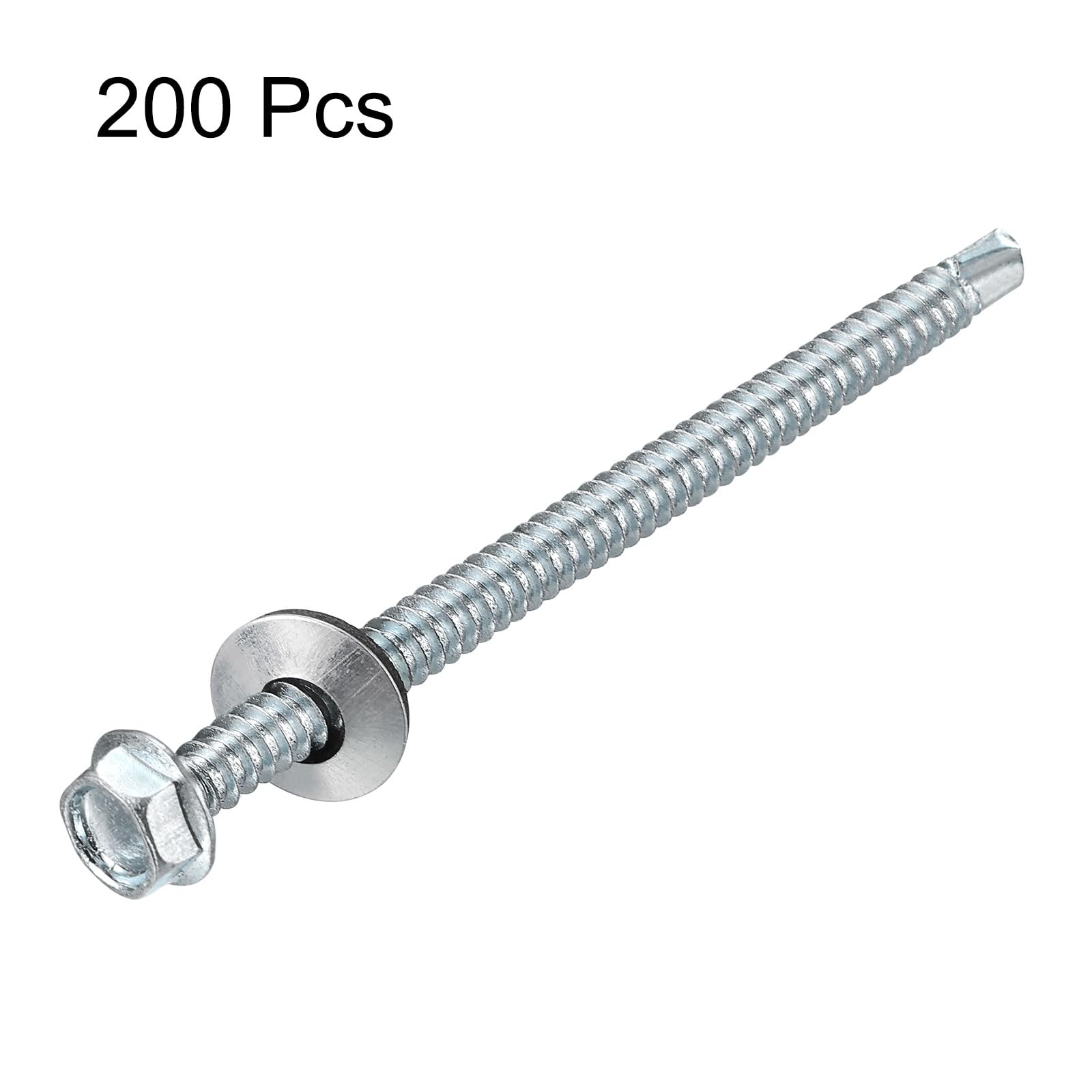 QUARKZMAN #14x3-8/9" Tornillos Autoperforantes con Arandela de Goma, 200Pcs Tornillos Autoroscantes con Cabeza Hexagonal Y Acabado Zincado con Arandela EPDM para Metal