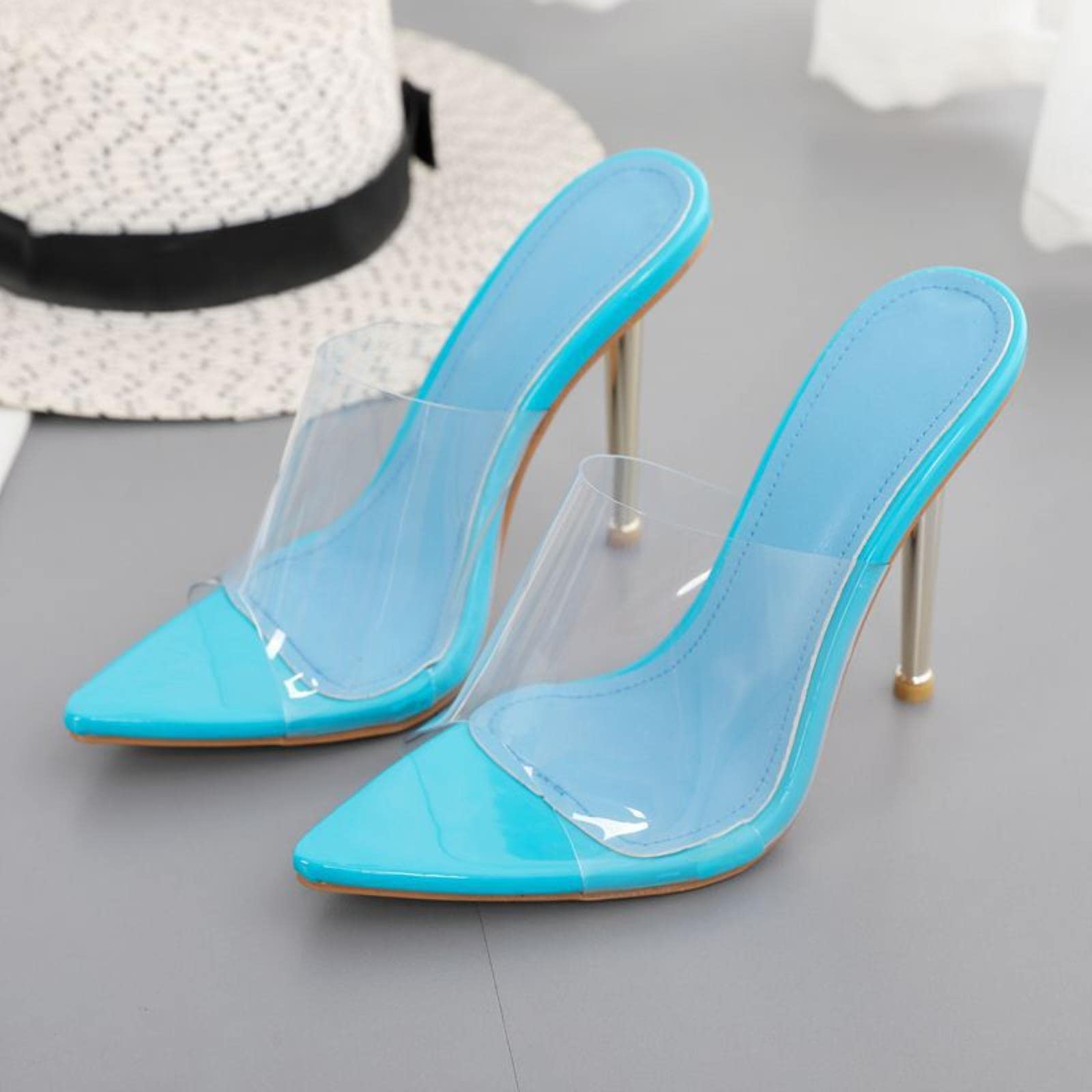 Pantofole da donna a punta in PVC trasparente pantofole da donna tacchi dorati scarpe da donna estive tacco in metallo per feste tacchi alti