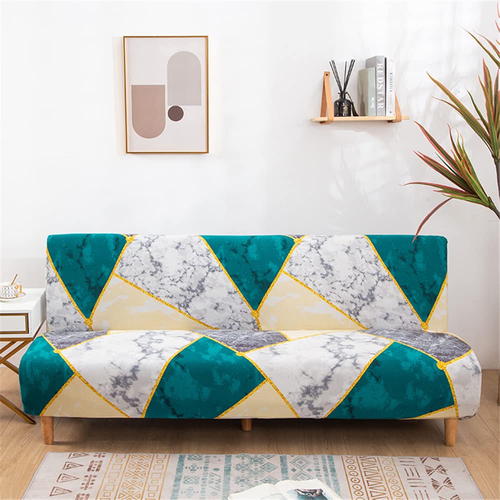 DOTBUY-SHOP Armless Sofa Bed Cover Stretch Futon Slipcover Furniture Protector, Fashion Marble Print Soft Non-slip Universal Fitted Couch Sofa Cover for Folding Sofa Bed (L:180-220cm,Turquoise)