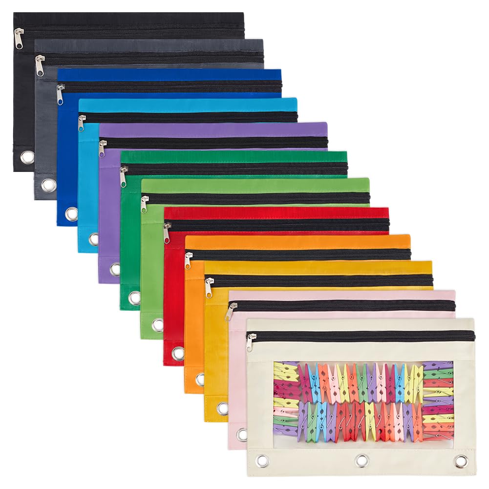36 Astuccio trasparente con finestrella per raccoglitori, astuccio con chiusura lampo, 3 raccoglitori, per ufficio e casa, 12 colori