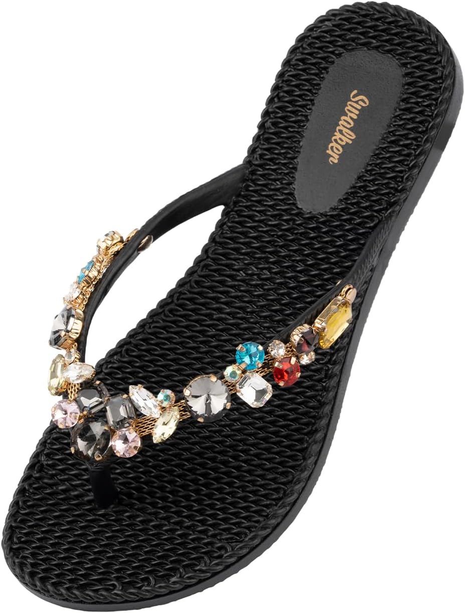 Swalker Woman's Sandal Flip Flop With Rhinestone in Recyclable Rubber Sole, Crystal Thong