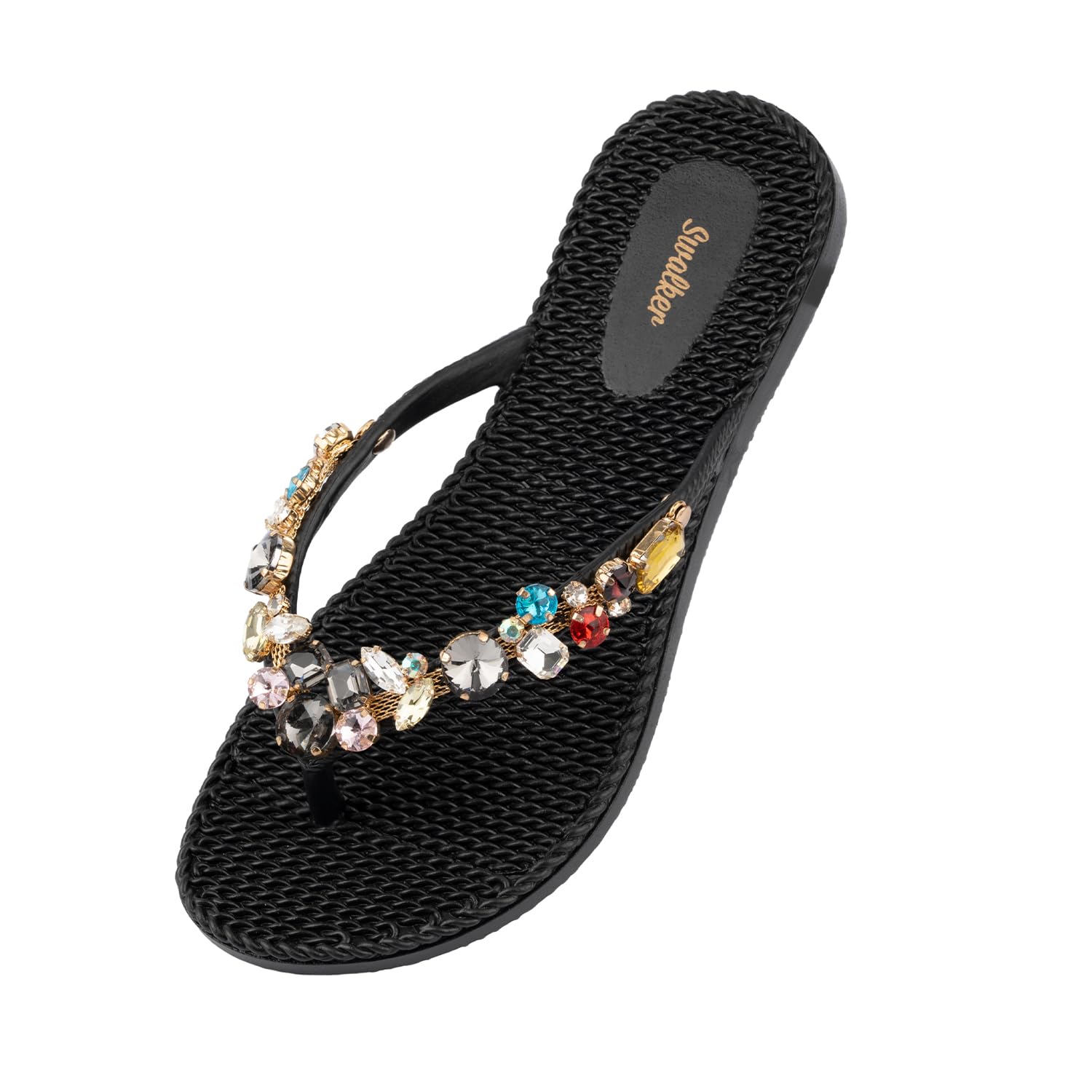Swalker Woman's Sandal Flip Flop With Rhinestone in Recyclable Rubber Sole, Crystal Thong