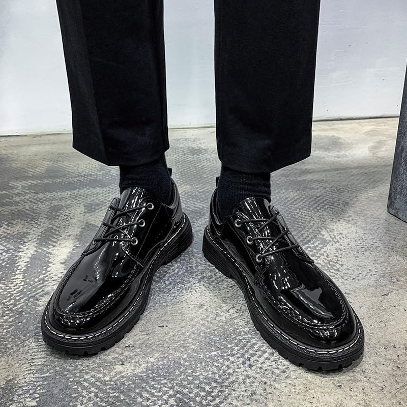 Leather Men's Shoes Versatile British Bright Business Casual Trendy Shoes Black Round Toe Men Oxfords Shoes Lace-up Non Slip Walking Shoes3